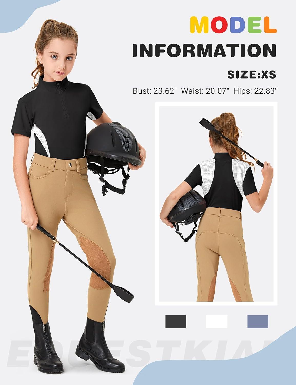 imageFitsT4 Sports Girls Short Sleeve Equestrian Shirt Quick Dry Horse Riding Shirts Half Zip Horseback Show ShirtBlack