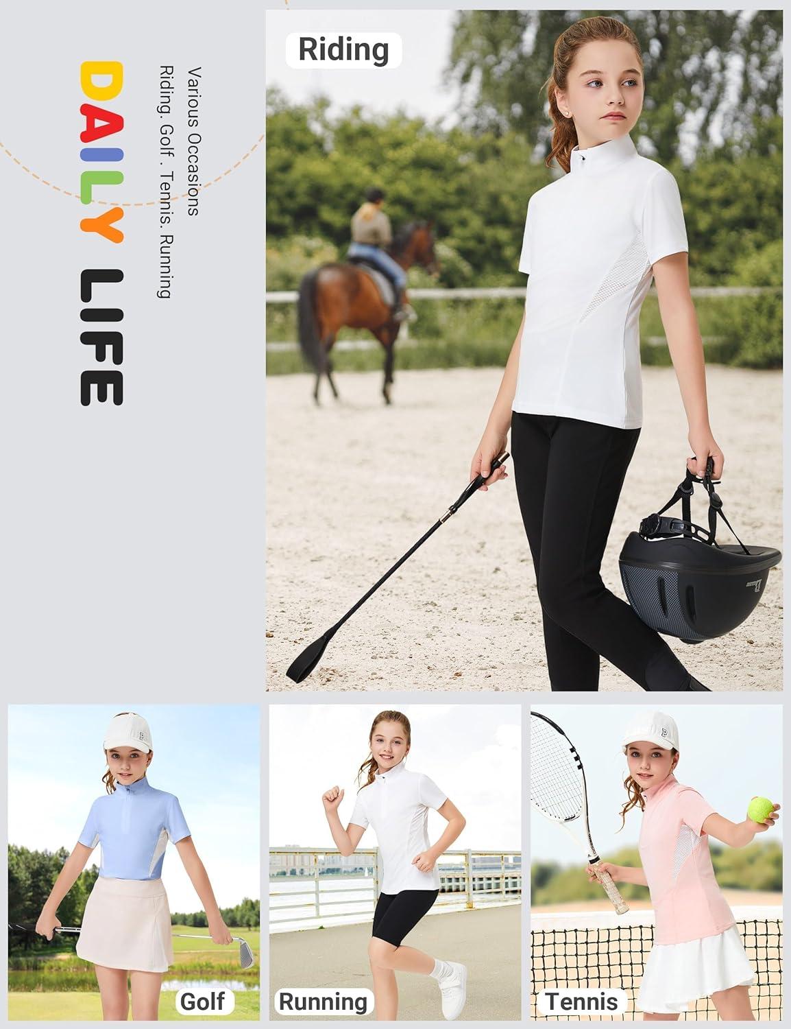 imageFitsT4 Sports Girls Short Sleeve Equestrian Shirt Quick Dry Horse Riding Shirts Half Zip Horseback Show ShirtBlack