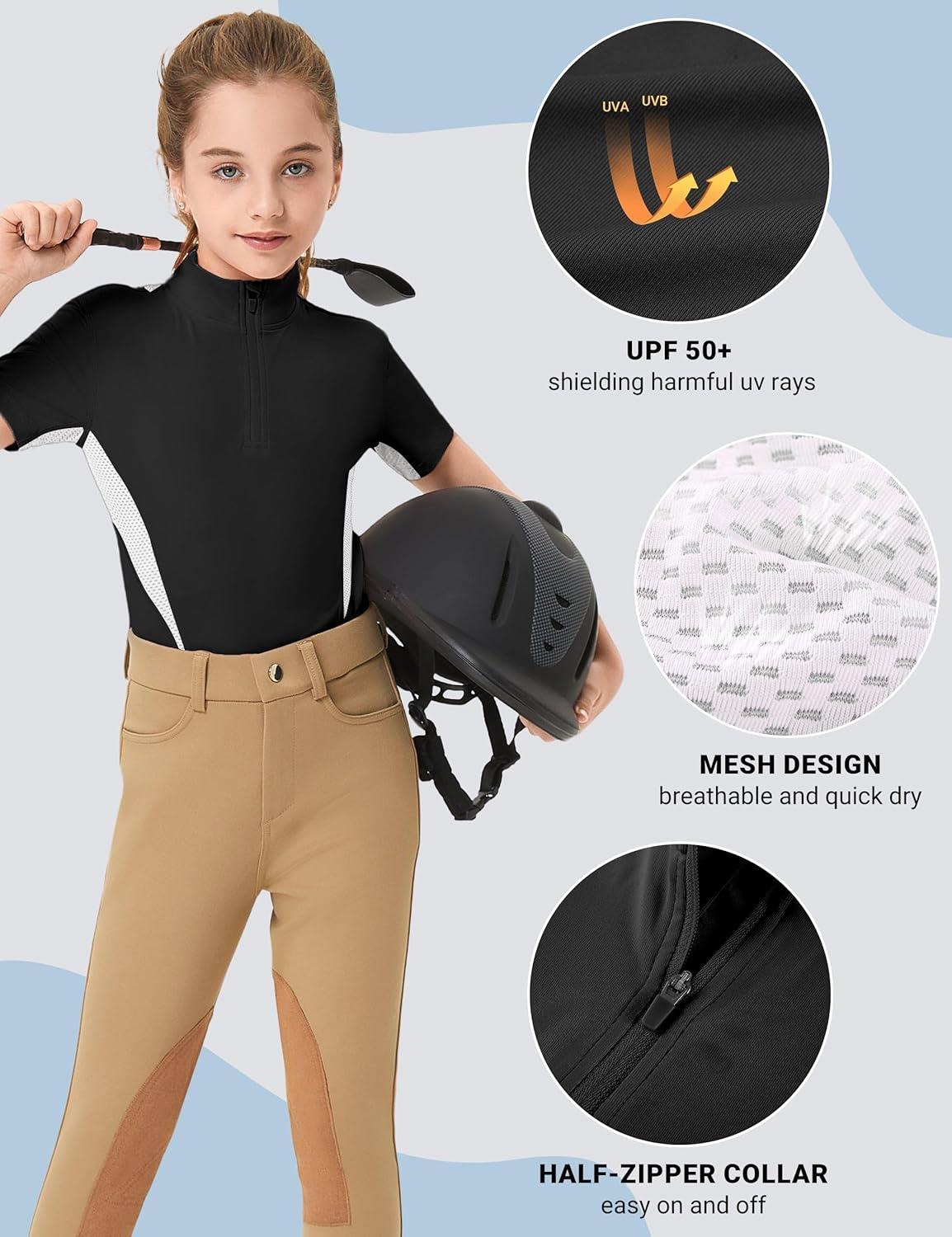imageFitsT4 Sports Girls Short Sleeve Equestrian Shirt Quick Dry Horse Riding Shirts Half Zip Horseback Show ShirtBlack
