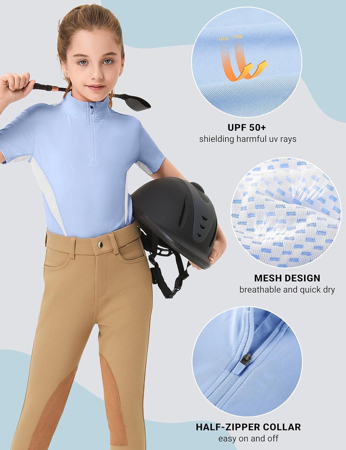 imageFitsT4 Sports Girls Short Sleeve Equestrian Shirt Quick Dry Horse Riding Shirts Half Zip Horseback Show ShirtBlue