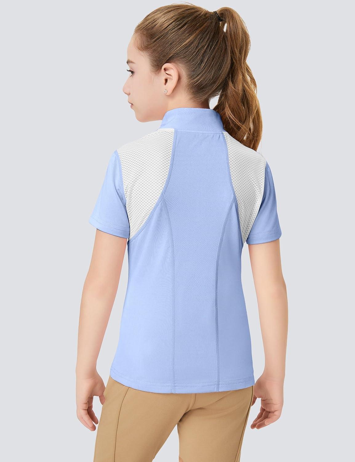 imageFitsT4 Sports Girls Short Sleeve Equestrian Shirt Quick Dry Horse Riding Shirts Half Zip Horseback Show ShirtBlue