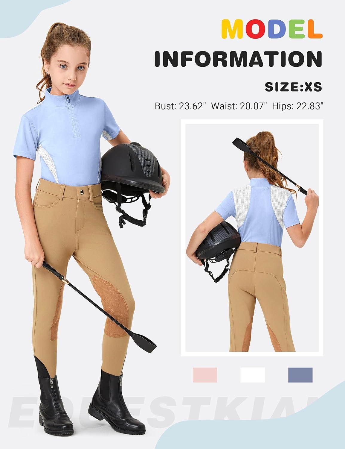 imageFitsT4 Sports Girls Short Sleeve Equestrian Shirt Quick Dry Horse Riding Shirts Half Zip Horseback Show ShirtBlue