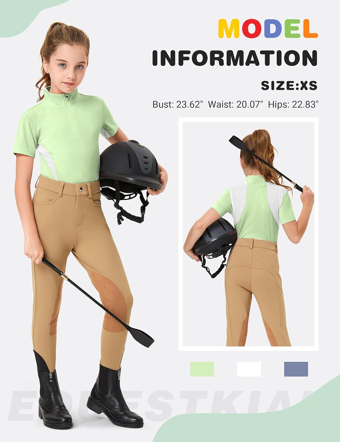imageFitsT4 Sports Girls Short Sleeve Equestrian Shirt Quick Dry Horse Riding Shirts Half Zip Horseback Show ShirtLight Green