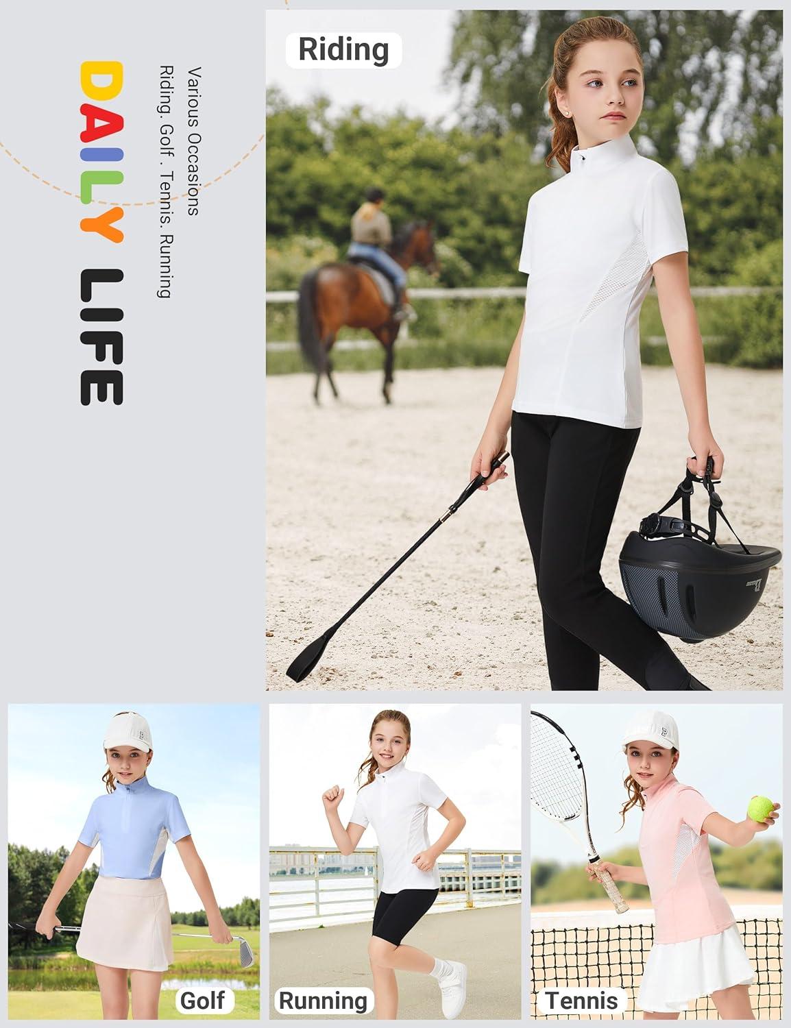imageFitsT4 Sports Girls Short Sleeve Equestrian Shirt Quick Dry Horse Riding Shirts Half Zip Horseback Show ShirtLight Green