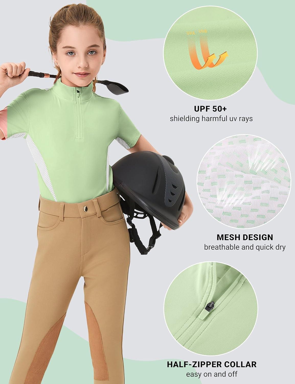 imageFitsT4 Sports Girls Short Sleeve Equestrian Shirt Quick Dry Horse Riding Shirts Half Zip Horseback Show ShirtLight Green