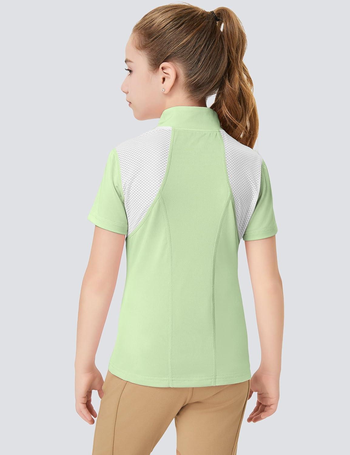 imageFitsT4 Sports Girls Short Sleeve Equestrian Shirt Quick Dry Horse Riding Shirts Half Zip Horseback Show ShirtLight Green