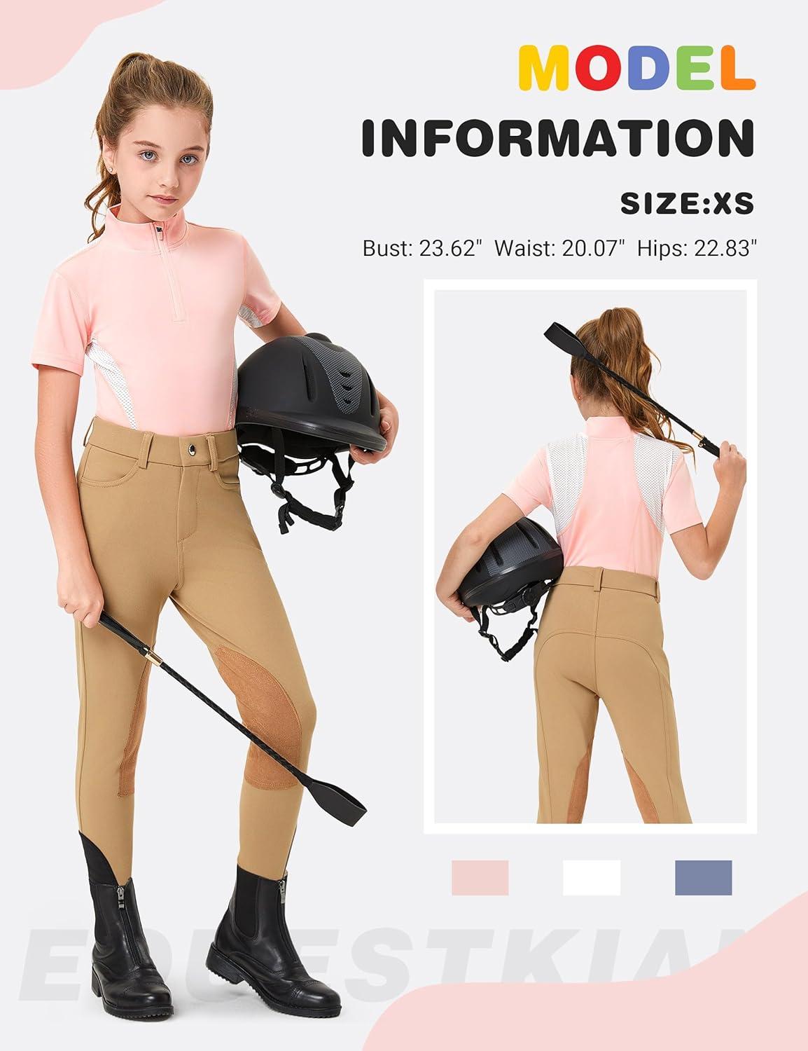imageFitsT4 Sports Girls Short Sleeve Equestrian Shirt Quick Dry Horse Riding Shirts Half Zip Horseback Show ShirtPink