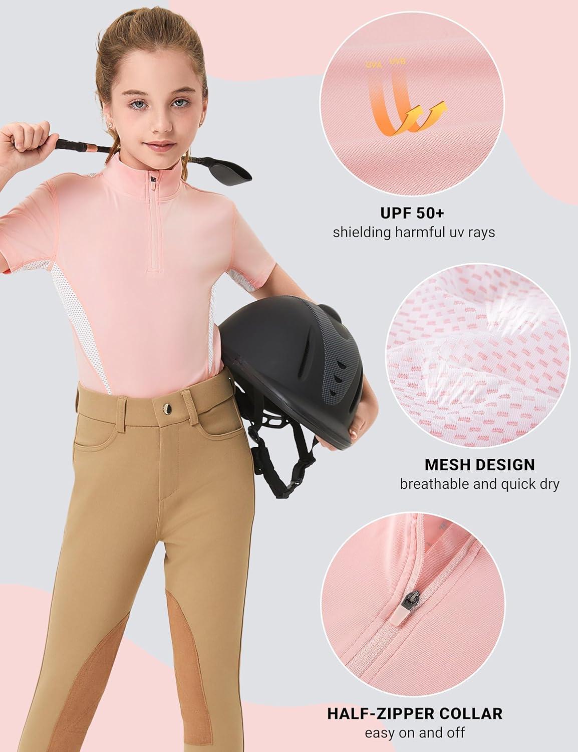 imageFitsT4 Sports Girls Short Sleeve Equestrian Shirt Quick Dry Horse Riding Shirts Half Zip Horseback Show ShirtPink