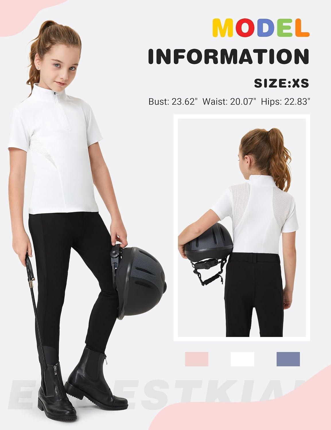 imageFitsT4 Sports Girls Short Sleeve Equestrian Shirt Quick Dry Horse Riding Shirts Half Zip Horseback Show ShirtWhite