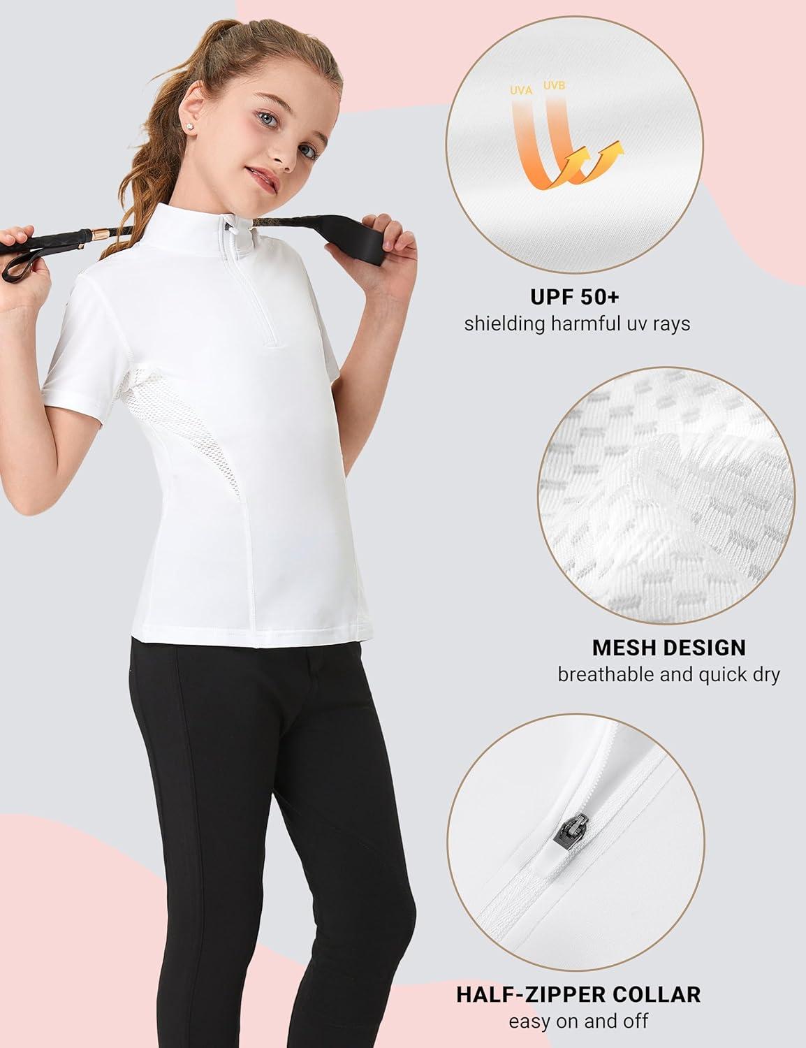 imageFitsT4 Sports Girls Short Sleeve Equestrian Shirt Quick Dry Horse Riding Shirts Half Zip Horseback Show ShirtWhite