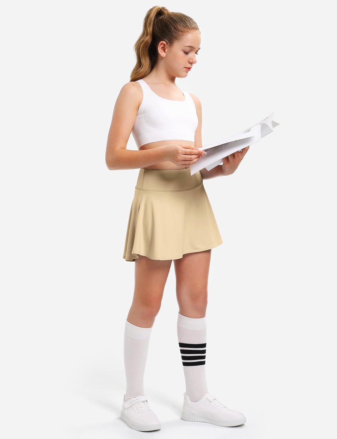 imageFitsT4 Sports Girls Skorts Tennis Skirts Cool Fabric Golf Skirts with ShortsPocketsUPF50 ampamp Adjustable WaistKhaki