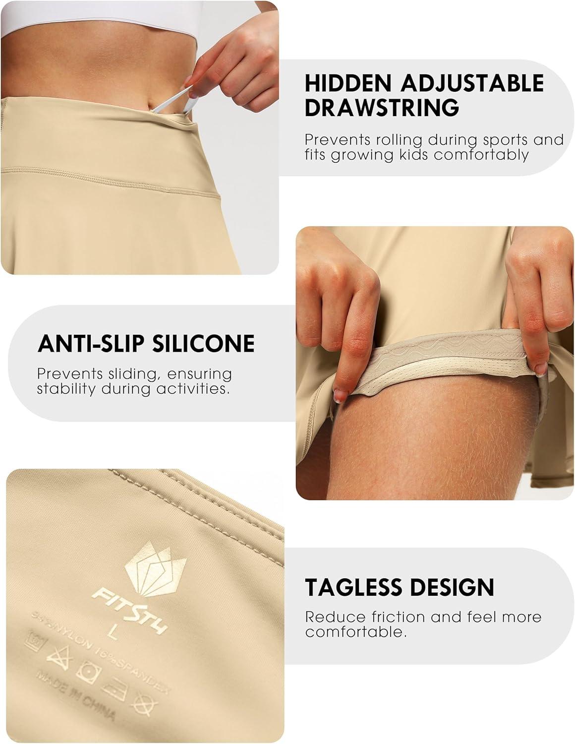imageFitsT4 Sports Girls Skorts Tennis Skirts Cool Fabric Golf Skirts with ShortsPocketsUPF50 ampamp Adjustable WaistKhaki