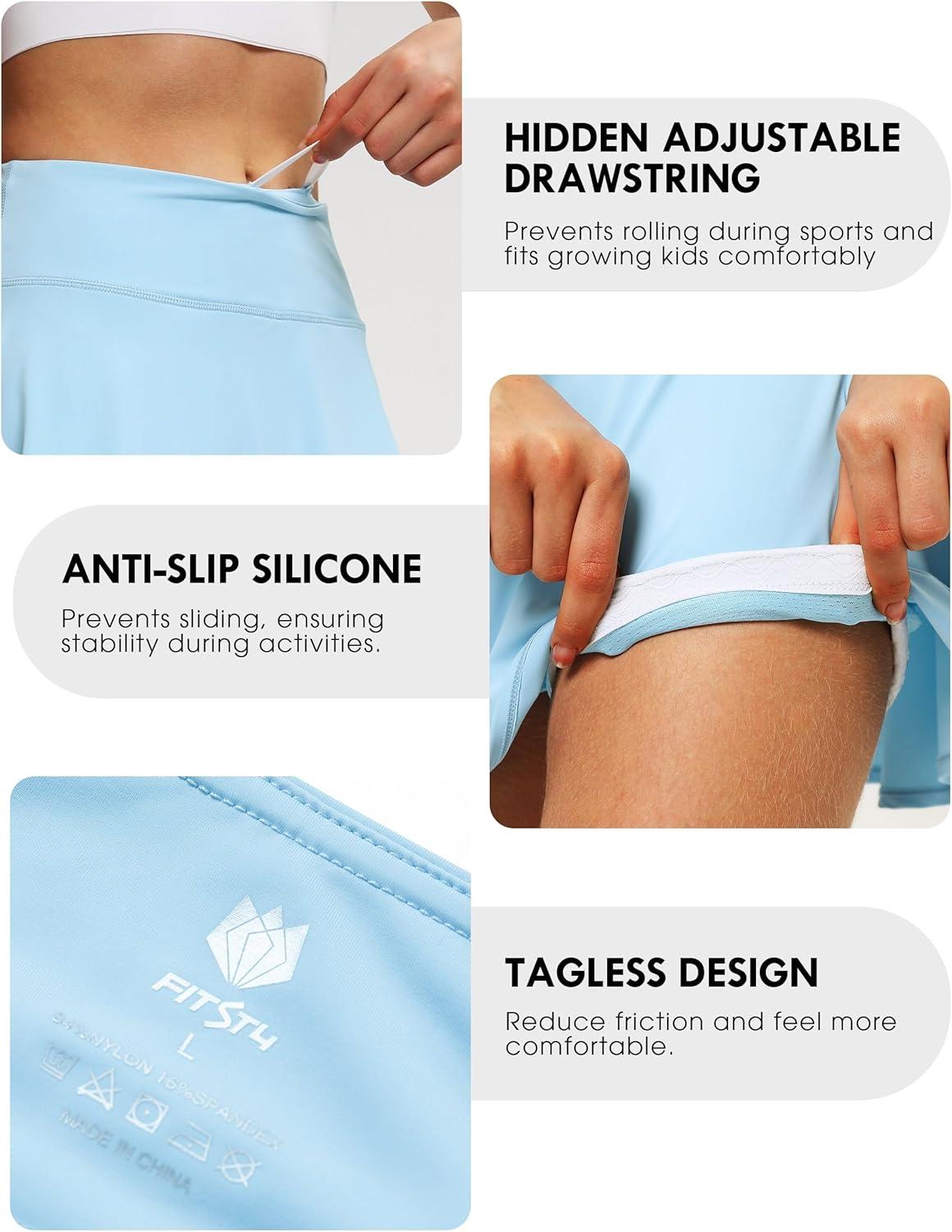 imageFitsT4 Sports Girls Skorts Tennis Skirts Cool Fabric Golf Skirts with ShortsPocketsUPF50 ampamp Adjustable WaistLight Blue
