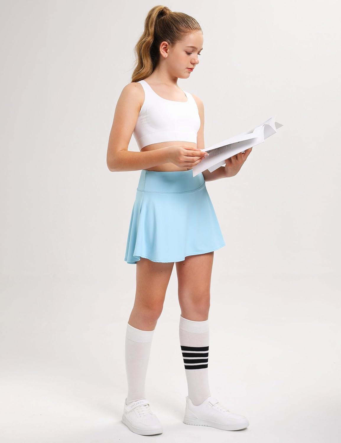 imageFitsT4 Sports Girls Skorts Tennis Skirts Cool Fabric Golf Skirts with ShortsPocketsUPF50 ampamp Adjustable WaistLight Blue