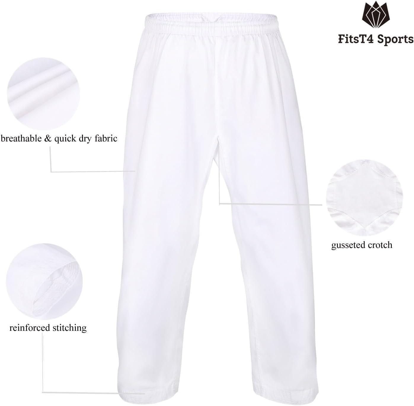 imageFitsT4 Sports Karate Pants 8oz Middleweight Elastic Waist Martial Arts Pants Perfect for Training or Competition 0005White