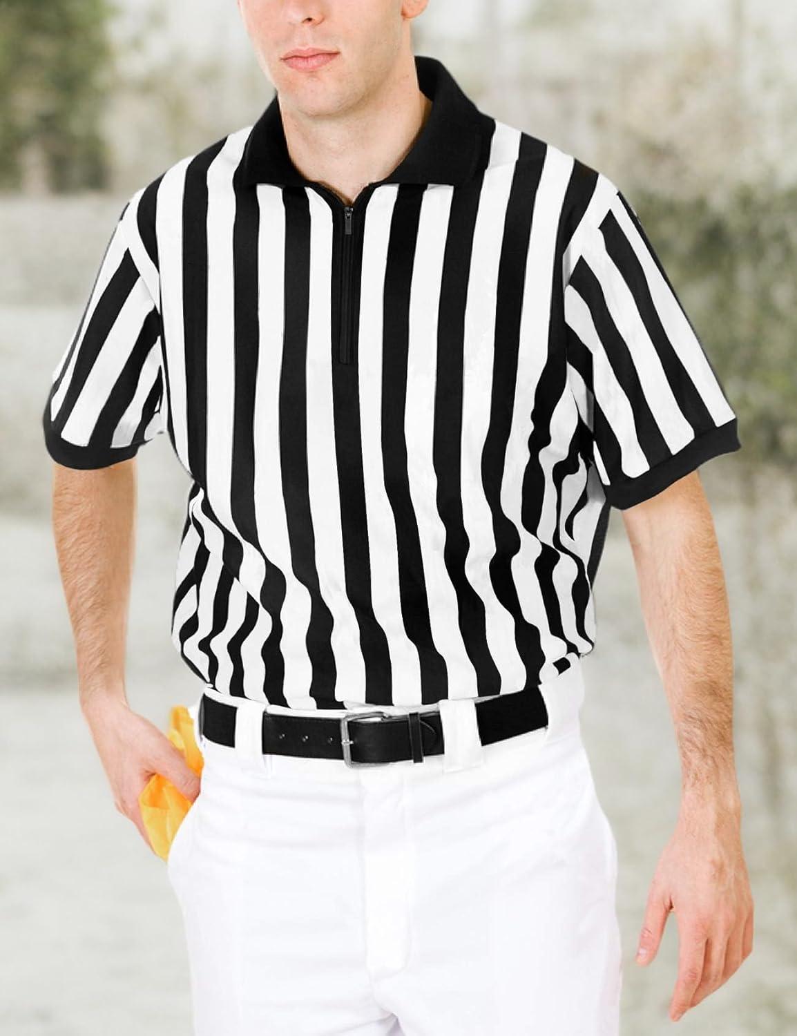 imageFitsT4 Sports Mens Official Black ampamp White Stripe Referee Shirt Zipper Collared Short Sleeve Umpire Jersey Costume Ref UniformBlackWhite Stripezipper Neck