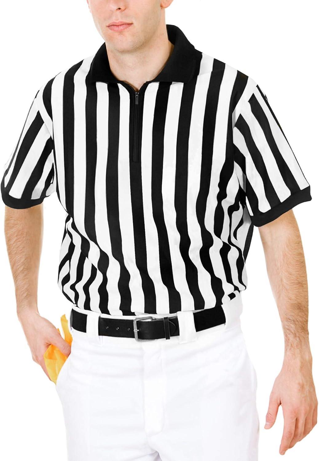 imageFitsT4 Sports Mens Official Black ampamp White Stripe Referee Shirt Zipper Collared Short Sleeve Umpire Jersey Costume Ref UniformBlackWhite Stripezipper Neck