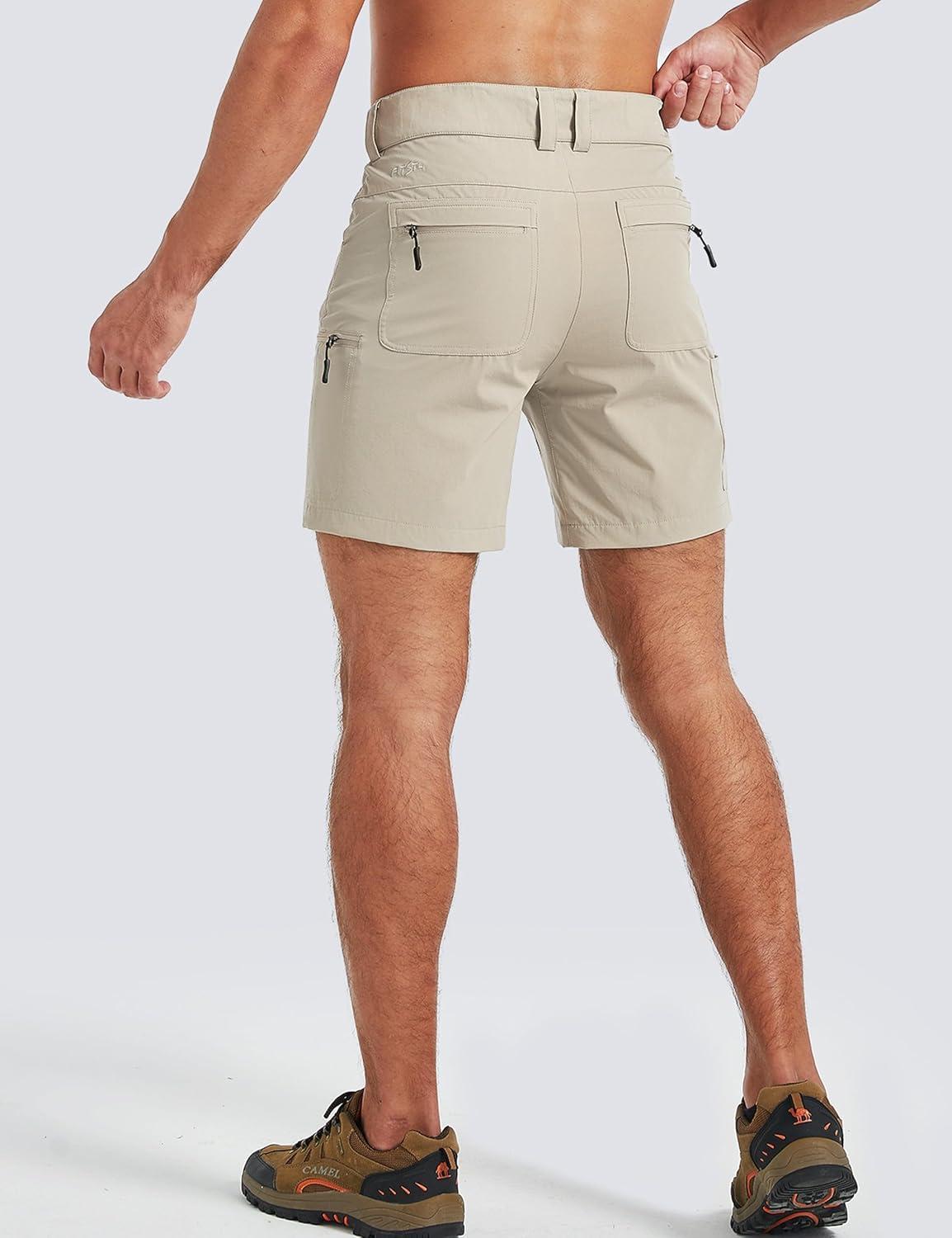 imageFitsT4 Sports Mens Shorts 7 Inch Inseam Stretch Water Resistant Hiking Cargo Shorts with Elastic WaistbandNew Kahki