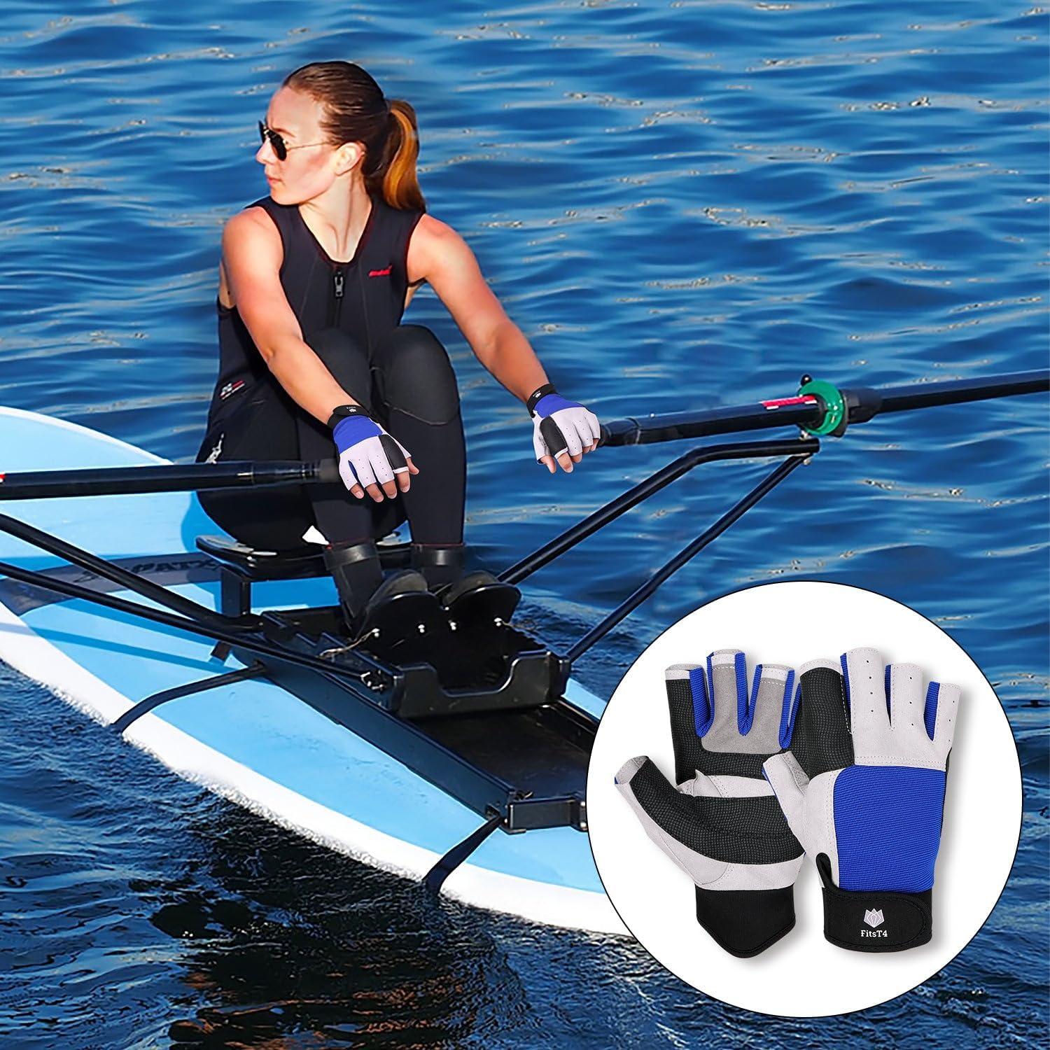 imageFitsT4 Sports Sailing Gloves 34 Finger and Grip Great for Sailing Yachting Paddling Kayaking Fishing Dinghying Water Sports for Men and WomenBlue