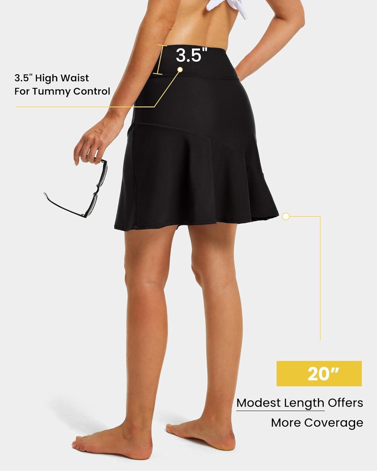 imageFitsT4 Sports Womens 20quot Long Swim Skirt Modest Beach Skorts with Pockets Tummy Control Swim Bottoms High Waisted SwimsuitBlack