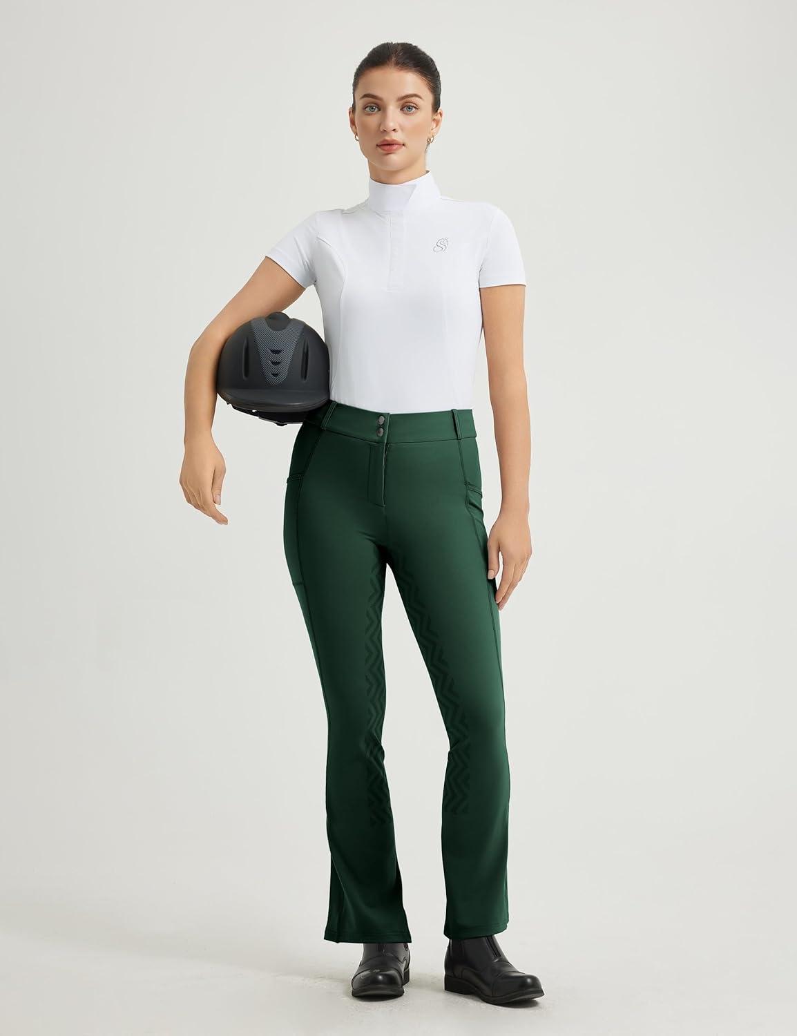 imageFitsT4 Sports Womens Bootcut Riding Breeches Full Seat Equestrian Pants Summer Riding Tights for WomenForest Green