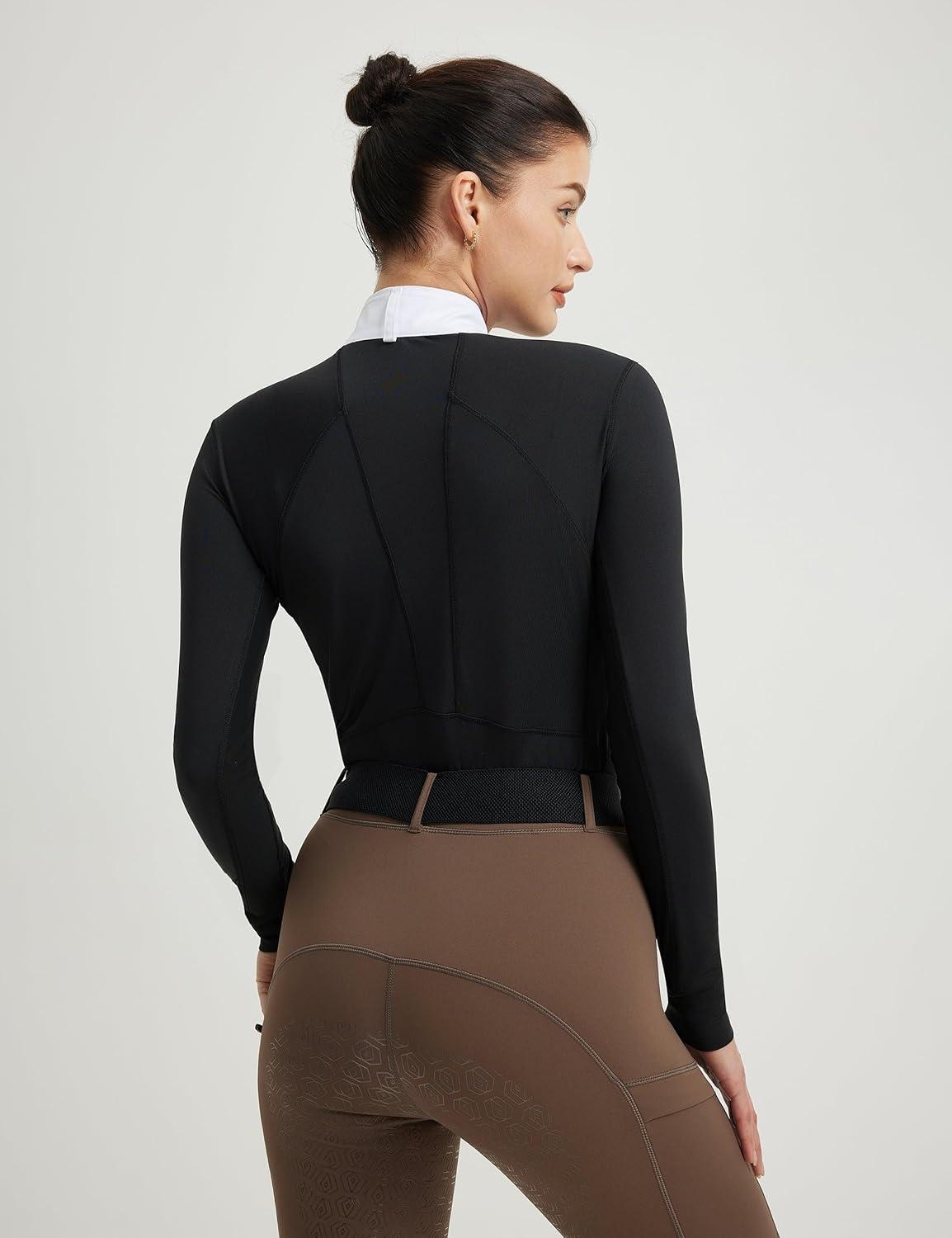 imageFitsT4 Sports Womens Equestrian Show Shirts UPF50 Long Sleeve Performance Horse Riding Tops with Cooling Mesh PanelsBlack