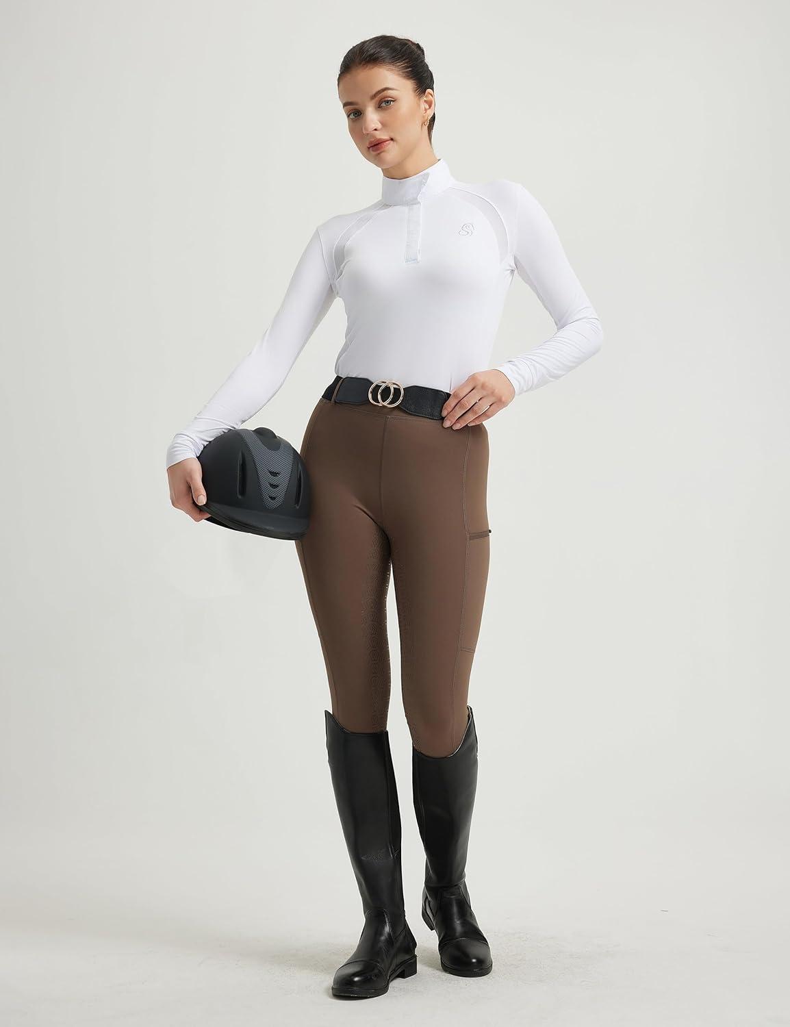 imageFitsT4 Sports Womens Equestrian Show Shirts UPF50 Long Sleeve Performance Horse Riding Tops with Cooling Mesh PanelsWhite