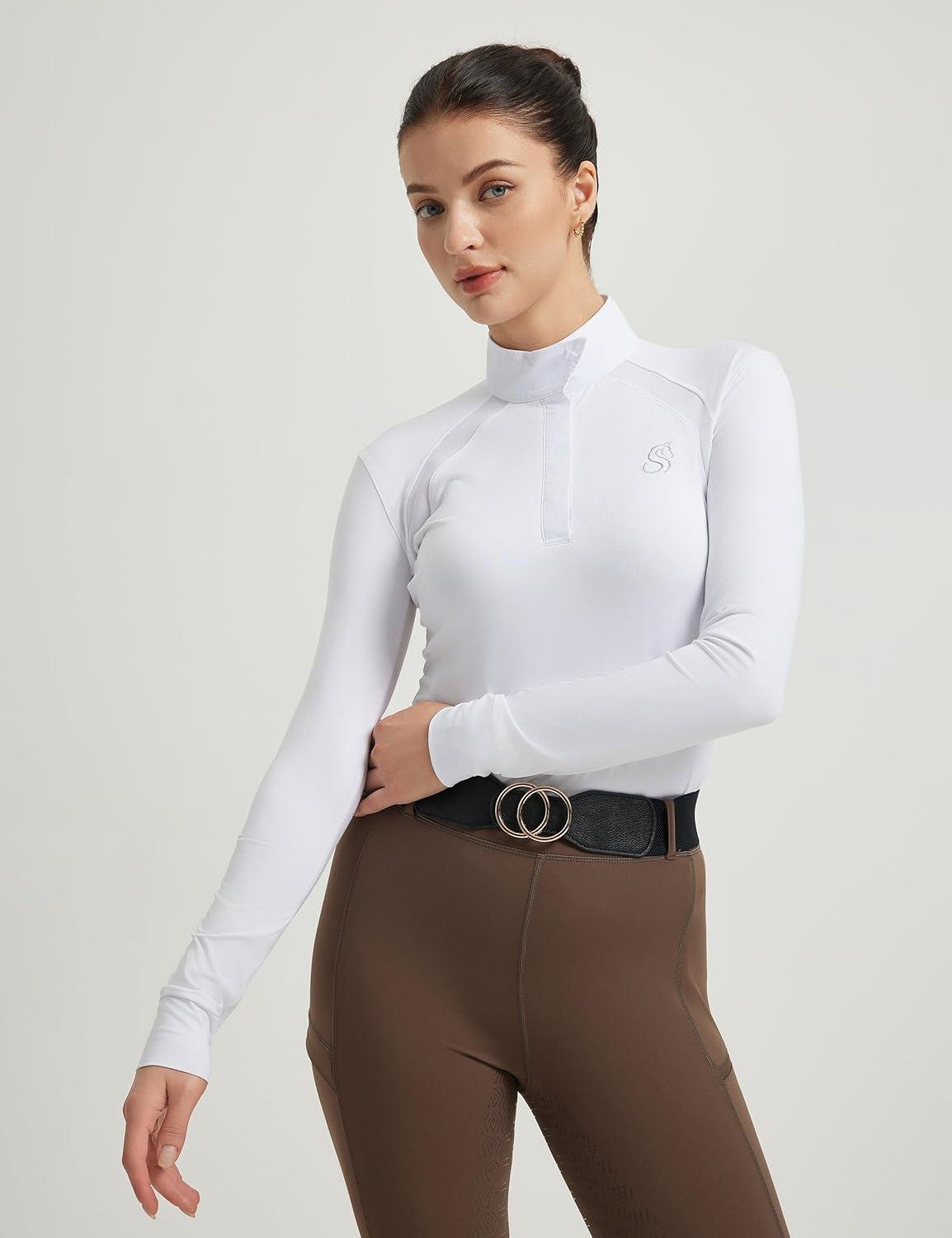 imageFitsT4 Sports Womens Equestrian Show Shirts UPF50 Long Sleeve Performance Horse Riding Tops with Cooling Mesh PanelsWhite
