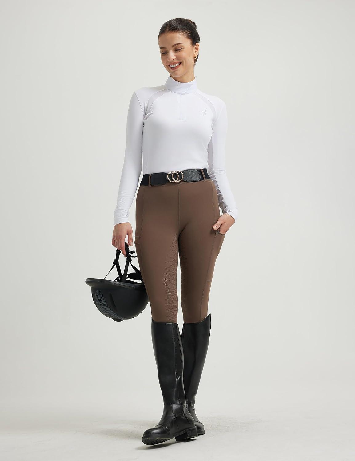 imageFitsT4 Sports Womens Equestrian Show Shirts UPF50 Long Sleeve Performance Horse Riding Tops with Cooling Mesh PanelsWhite