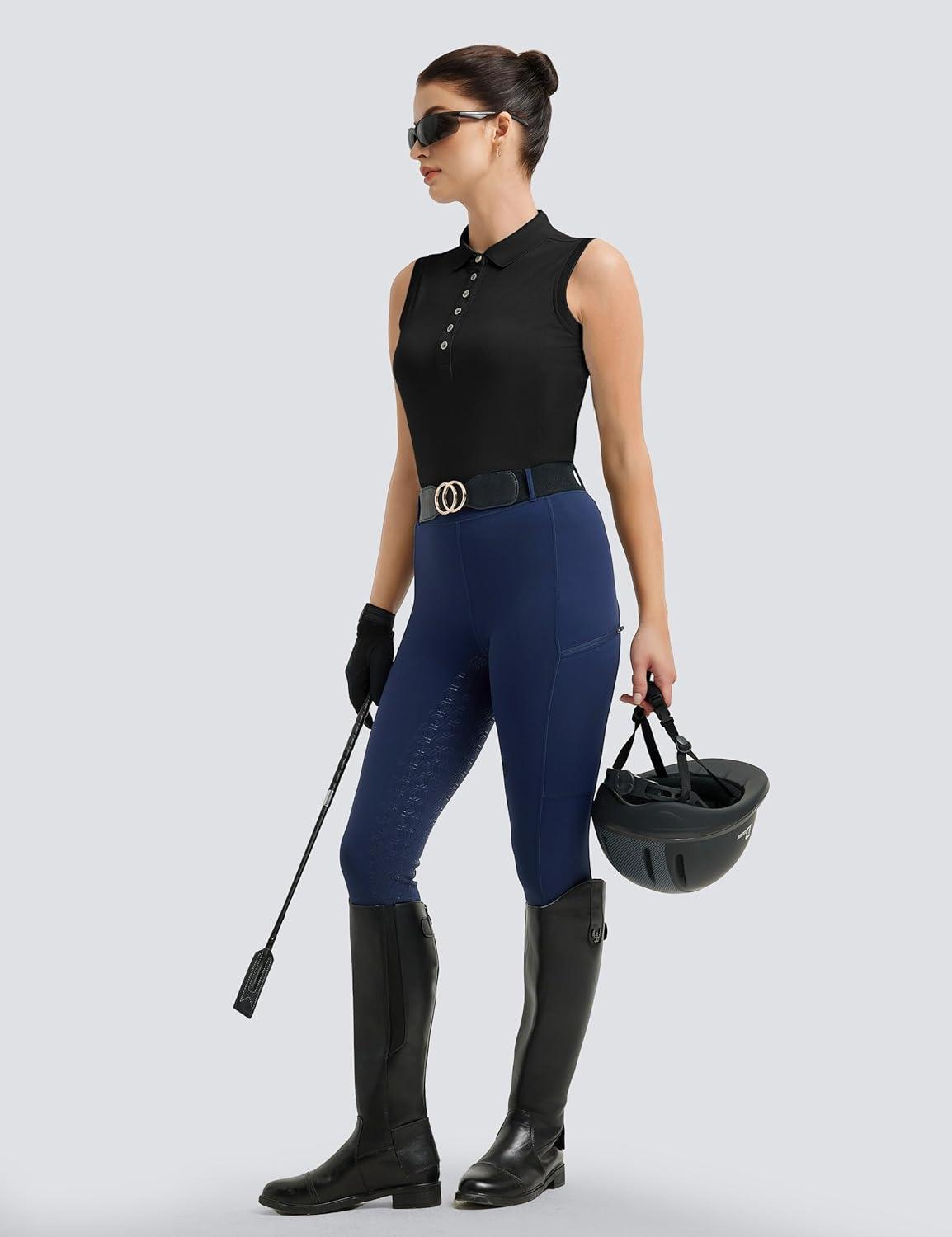 imageFitsT4 Sports Womens Equestrian Tank Top UPF50 Sleeveless Horse Riding Shirts Polo Collar Button UpBlack