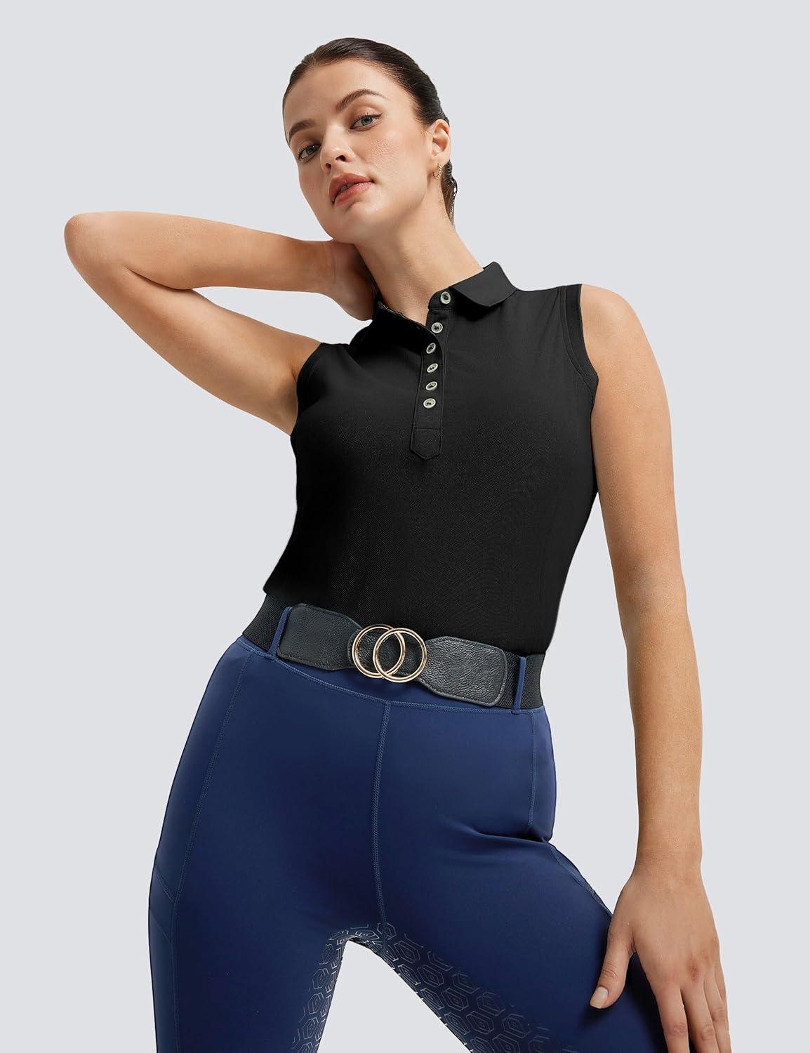 imageFitsT4 Sports Womens Equestrian Tank Top UPF50 Sleeveless Horse Riding Shirts Polo Collar Button UpBlack