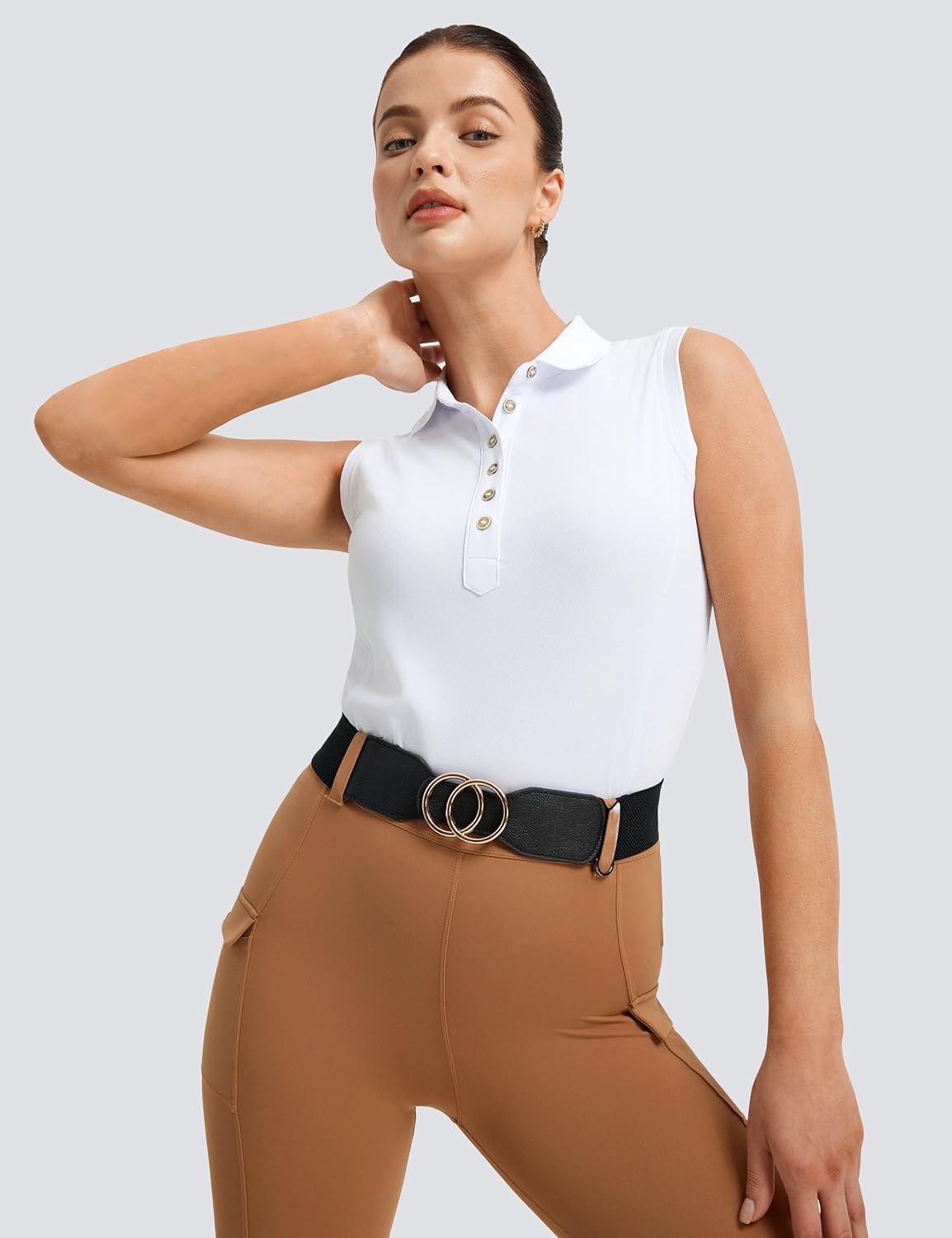 imageFitsT4 Sports Womens Equestrian Tank Top UPF50 Sleeveless Horse Riding Shirts Polo Collar Button UpWhite