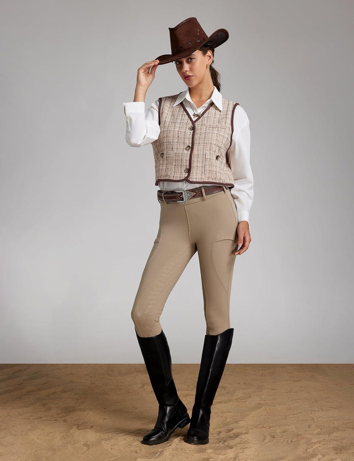 imageFitsT4 Sports Womens Fleece Horse Riding Pants Full Seat Equestrian Breeches Winter Riding Tights with PocketsKhaki