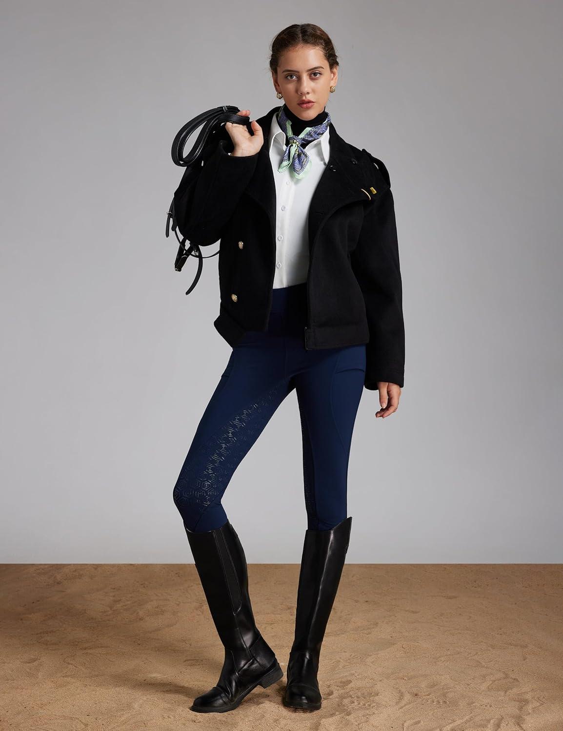 imageFitsT4 Sports Womens Fleece Horse Riding Pants Full Seat Equestrian Breeches Winter Riding Tights with PocketsNavy Blue