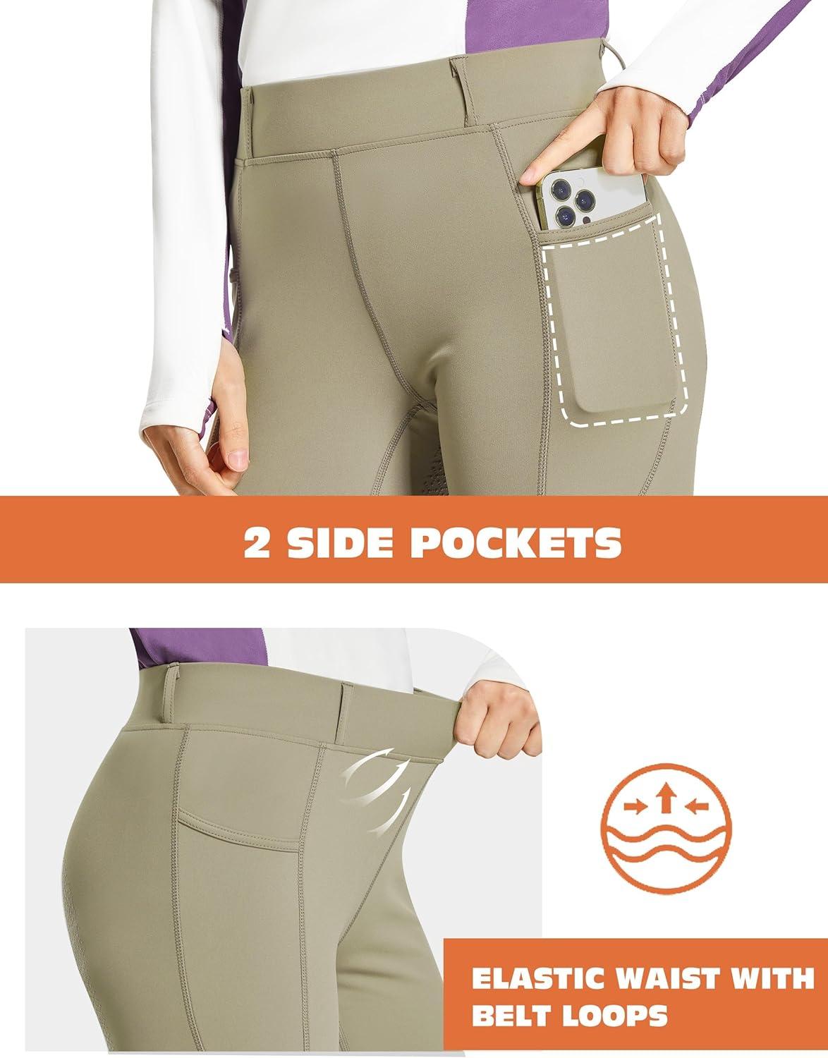 imageFitsT4 Sports Womens Full Seat Horse Riding Pants Bootcut Riding Tights with Pockets Equestrian Breeches for WomenKhaki