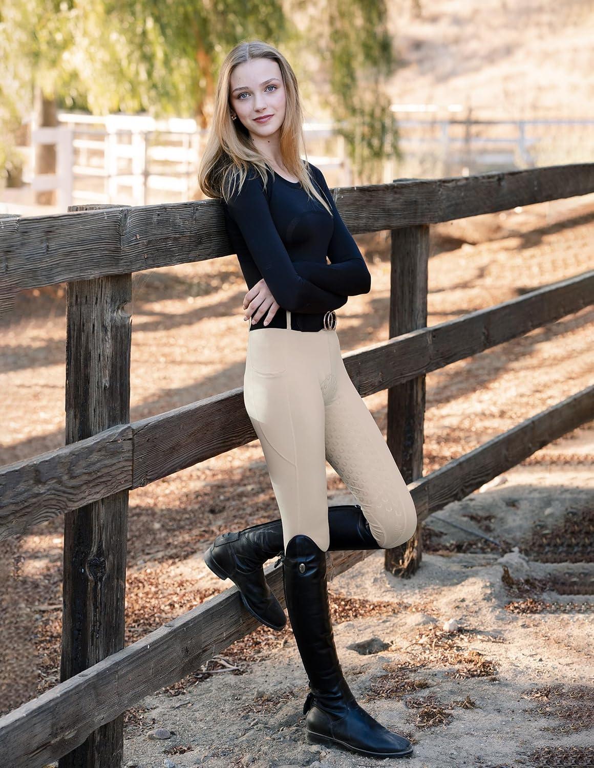 imageFitsT4 Sports Womens Full Seat Riding Tights Active Silicon Grip Horse Riding Tights Equestrian BreechesApricot