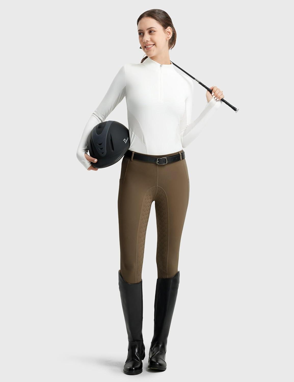 imageFitsT4 Sports Womens Full Seat Riding Tights Active Silicon Grip Horse Riding Tights Equestrian BreechesBrown