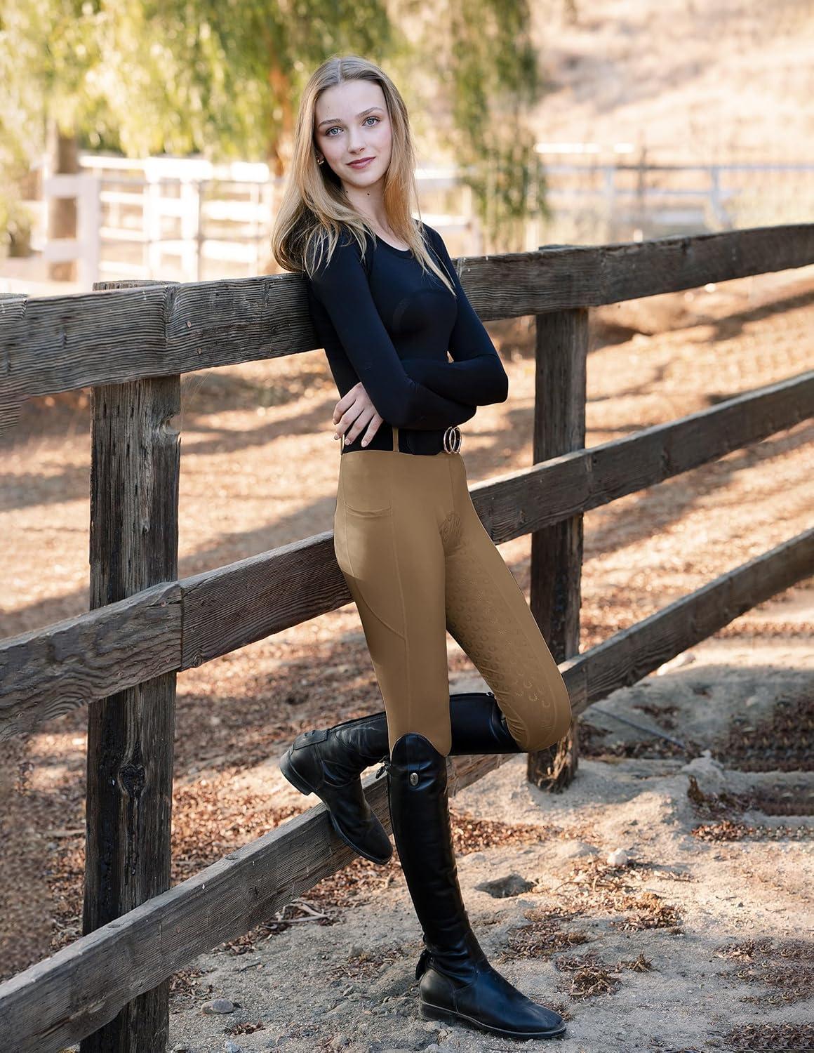 imageFitsT4 Sports Womens Full Seat Riding Tights Active Silicon Grip Horse Riding Tights Equestrian BreechesBrown