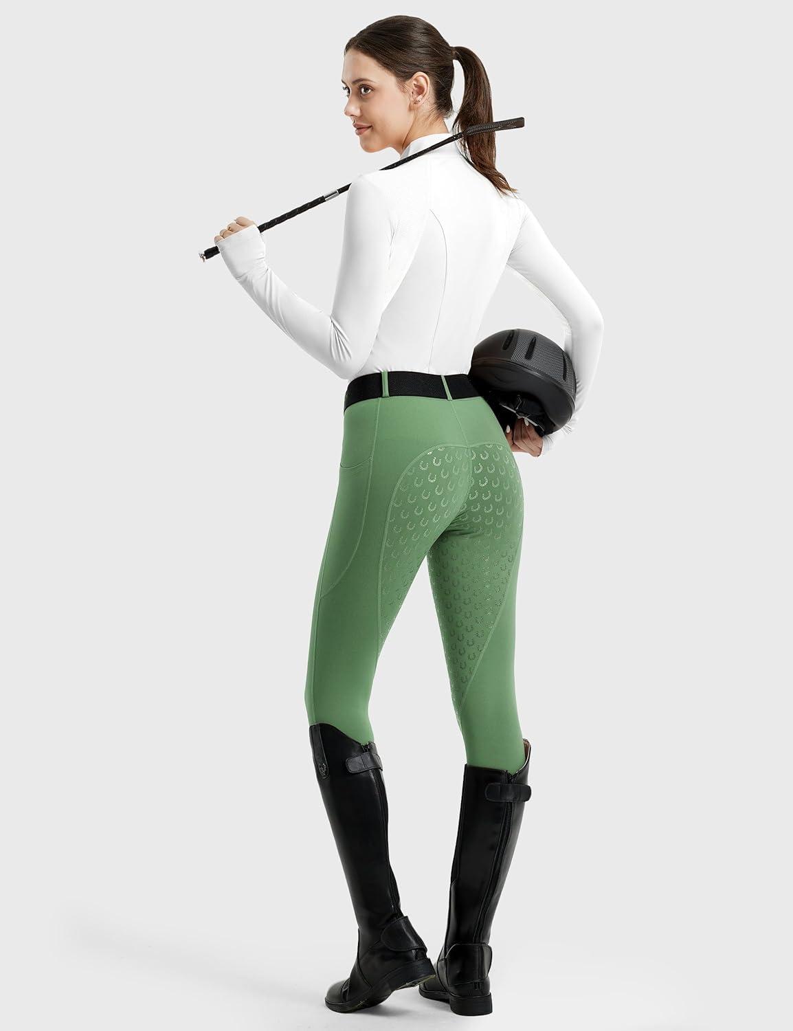 imageFitsT4 Sports Womens Full Seat Riding Tights Active Silicon Grip Horse Riding Tights Equestrian BreechesCream Green