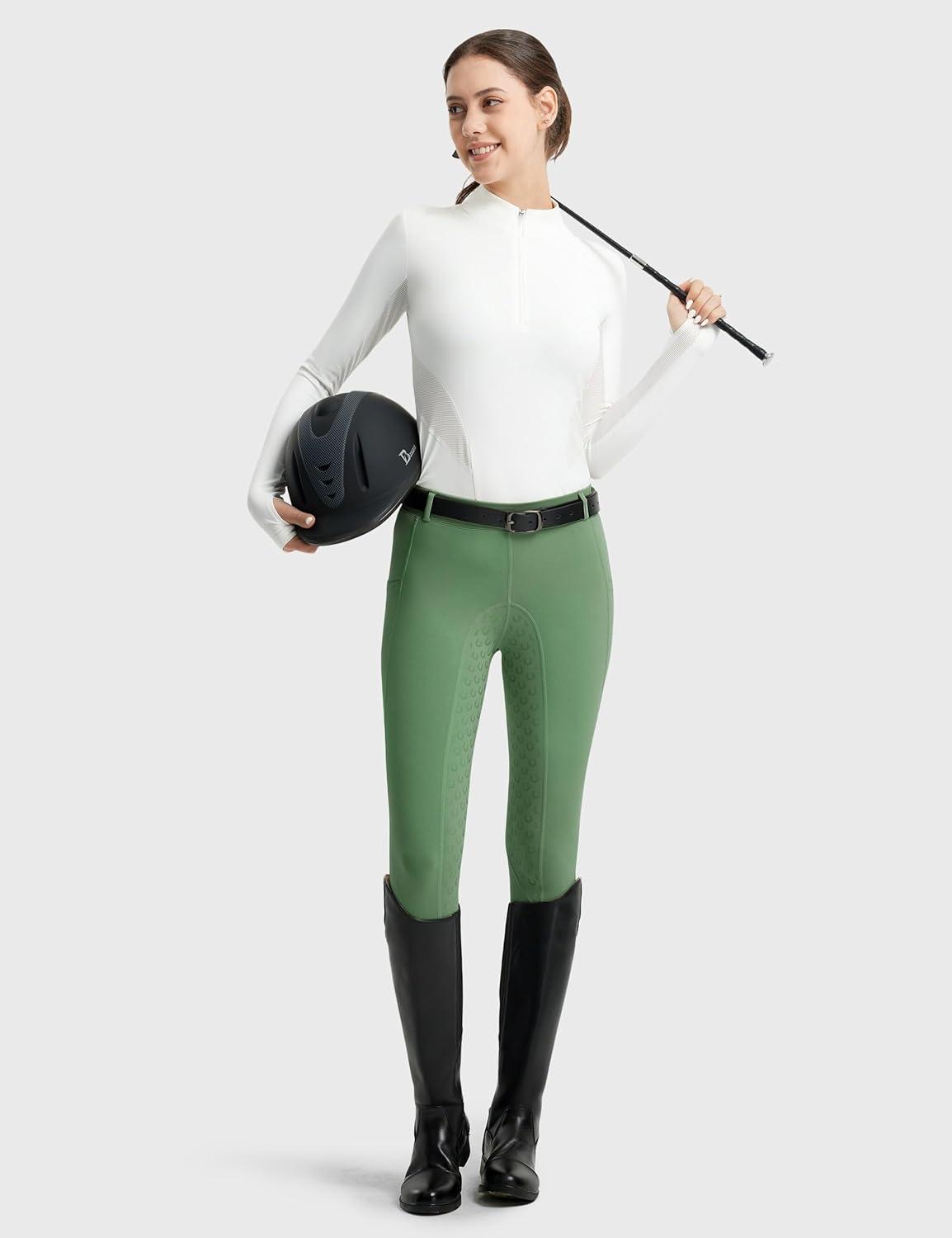 imageFitsT4 Sports Womens Full Seat Riding Tights Active Silicon Grip Horse Riding Tights Equestrian BreechesCream Green