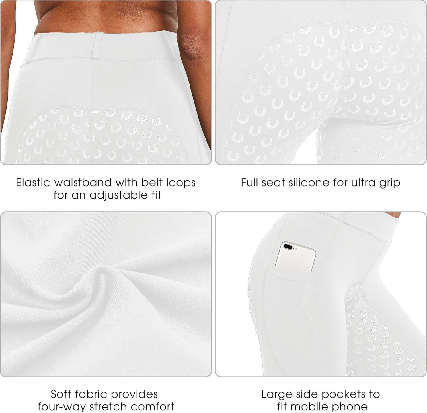 imageFitsT4 Sports Womens Full Seat Riding Tights Active Silicon Grip Horse Riding Tights Equestrian BreechesWhite