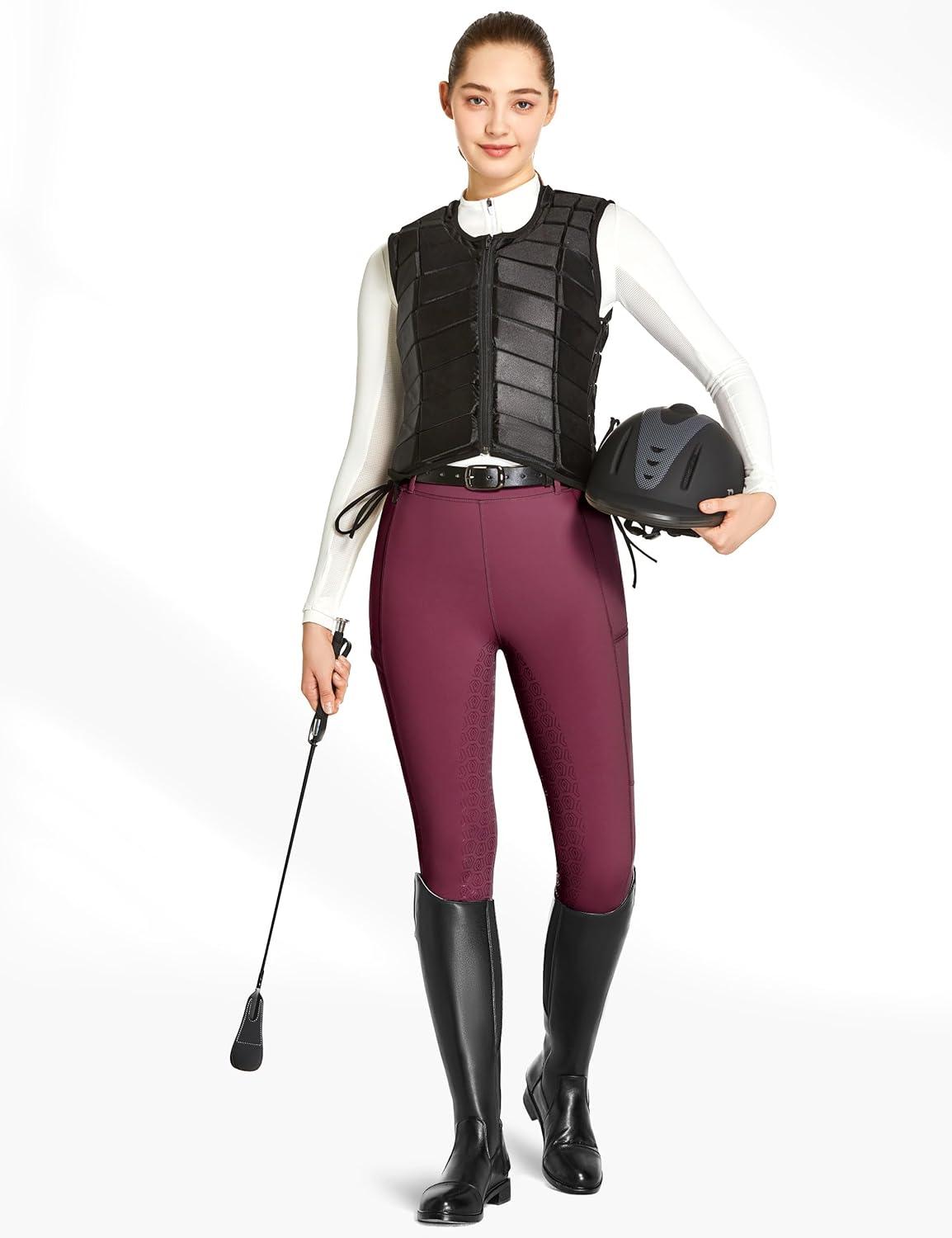 imageFitsT4 Sports Womens Full Seat Riding Tights with Zipper Pockets Horseback Riding Pants Equestrian Breeches for WomenBurgundy