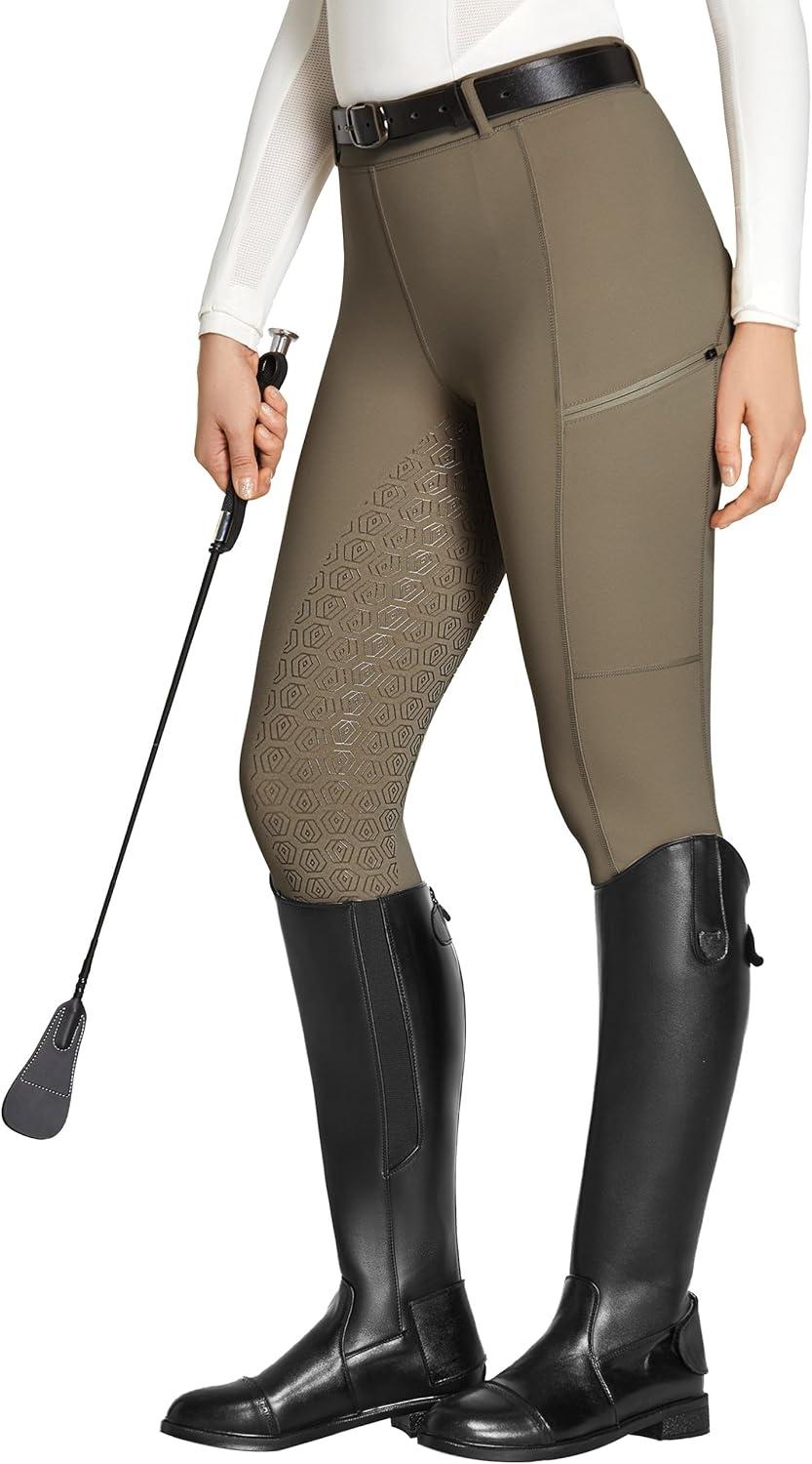 imageFitsT4 Sports Womens Full Seat Riding Tights with Zipper Pockets Horseback Riding Pants Equestrian Breeches for WomenDark Brown