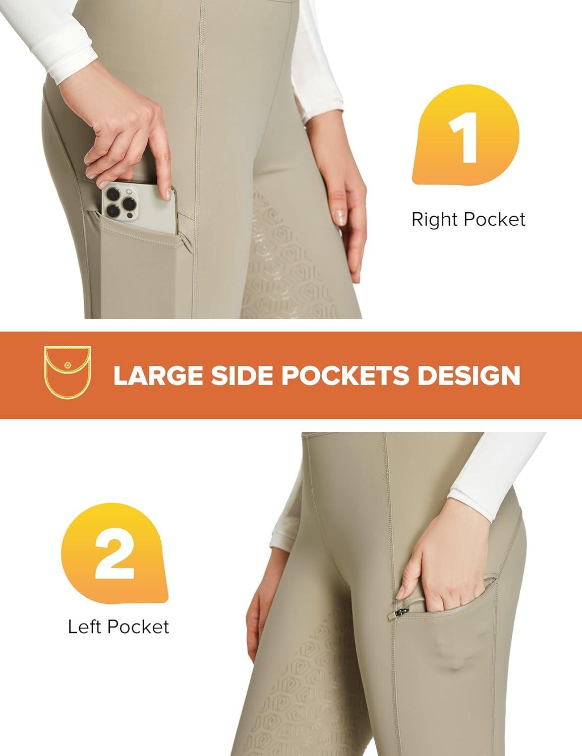 imageFitsT4 Sports Womens Full Seat Riding Tights with Zipper Pockets Horseback Riding Pants Equestrian Breeches for WomenKhaki