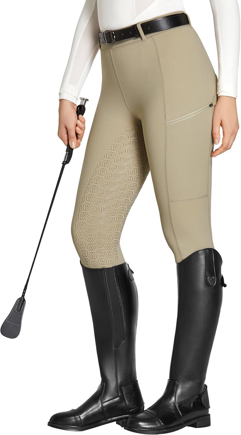 imageFitsT4 Sports Womens Full Seat Riding Tights with Zipper Pockets Horseback Riding Pants Equestrian Breeches for WomenKhaki