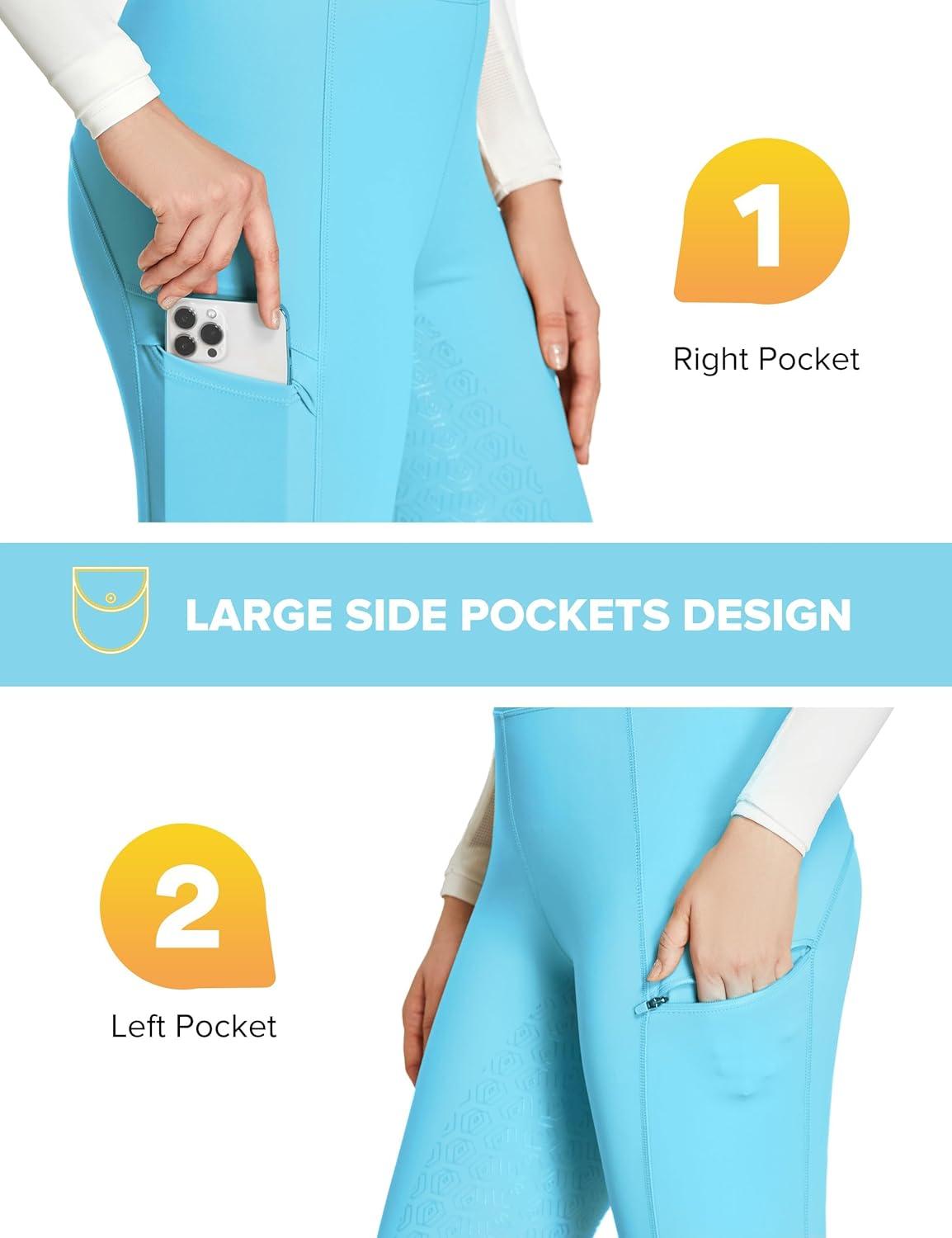 imageFitsT4 Sports Womens Full Seat Riding Tights with Zipper Pockets Horseback Riding Pants Equestrian Breeches for WomenLight Blue