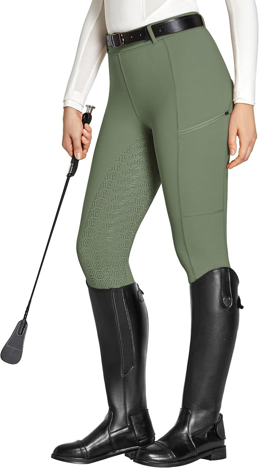 imageFitsT4 Sports Womens Full Seat Riding Tights with Zipper Pockets Horseback Riding Pants Equestrian Breeches for WomenOlive Green