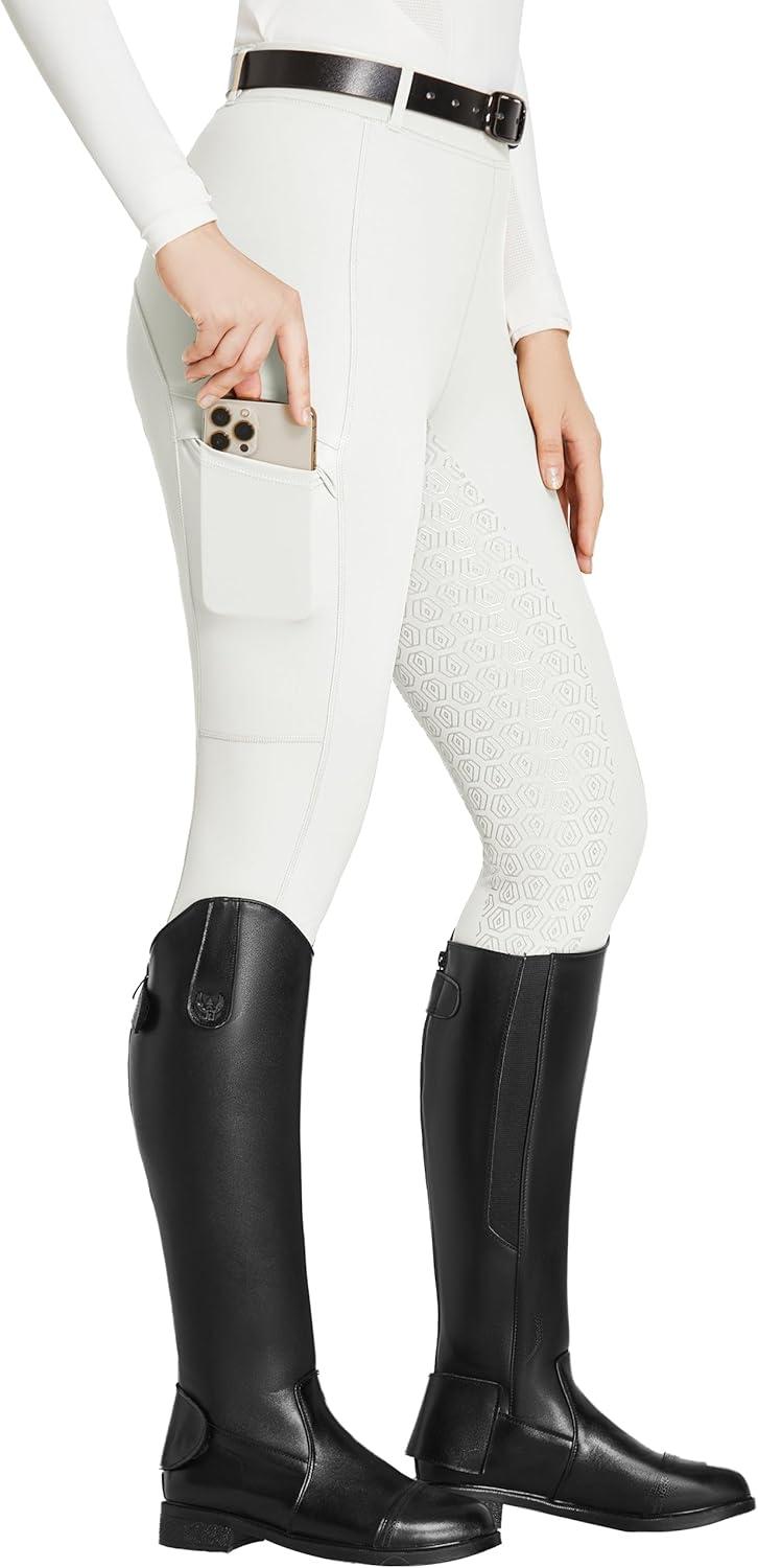 imageFitsT4 Sports Womens Full Seat Riding Tights with Zipper Pockets Horseback Riding Pants Equestrian Breeches for WomenWhite