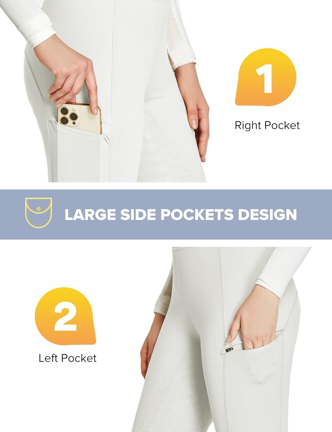imageFitsT4 Sports Womens Full Seat Riding Tights with Zipper Pockets Horseback Riding Pants Equestrian Breeches for WomenWhite