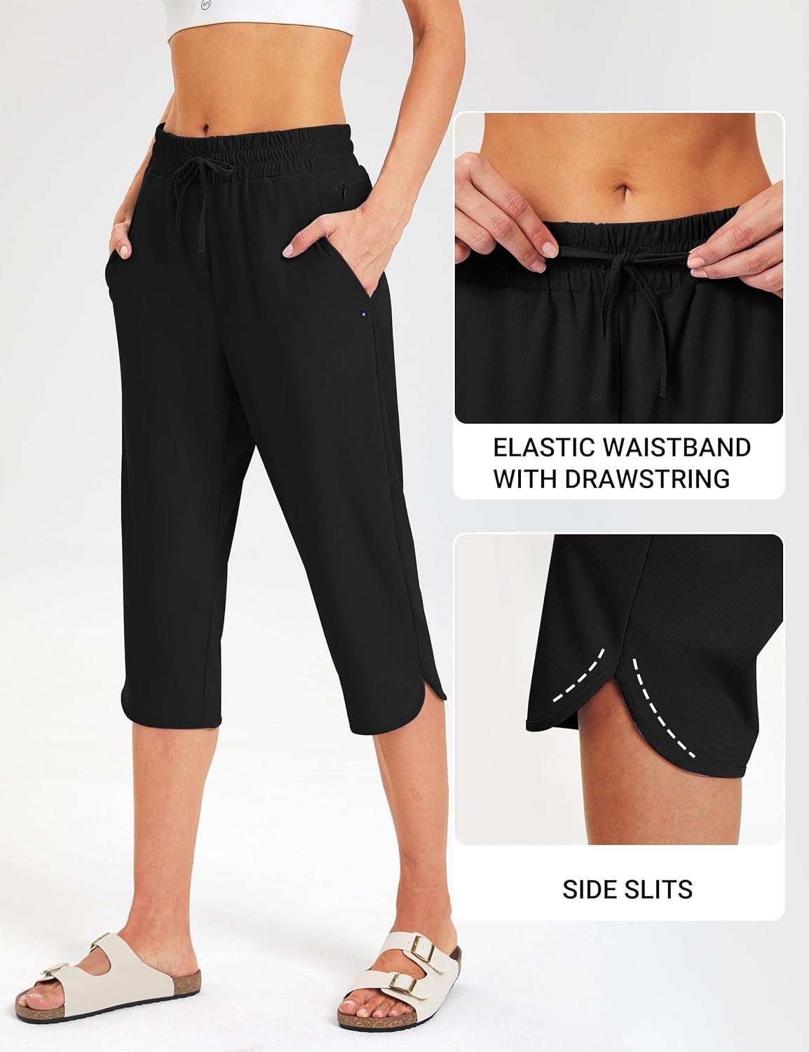 imageFitsT4 Sports Womens Swim Capris Pants 18quot Quick Dry UPF 50 Beach Modest Swimsuits Bottoms with Mesh PocketsBlack